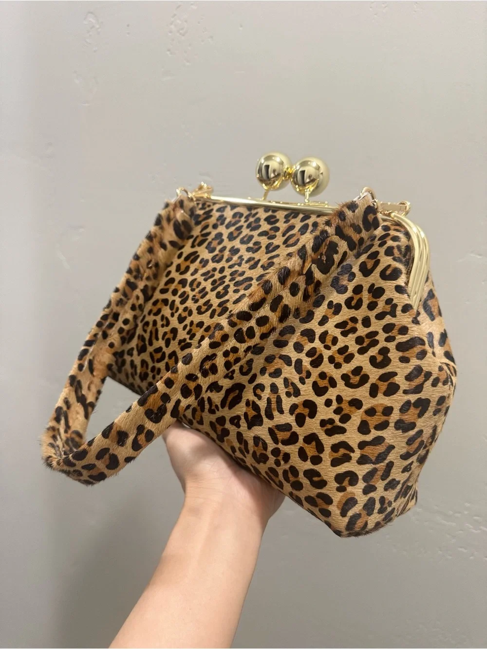 Leopard Print Hair-on Cowhide Handmade Custom Kisslock Frame Bag, & 2 Straps